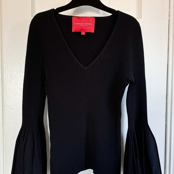 Carolina Herrera Black Bell Sleeve Rib Knit Top -Black - Size Large - Picture 2 of 5